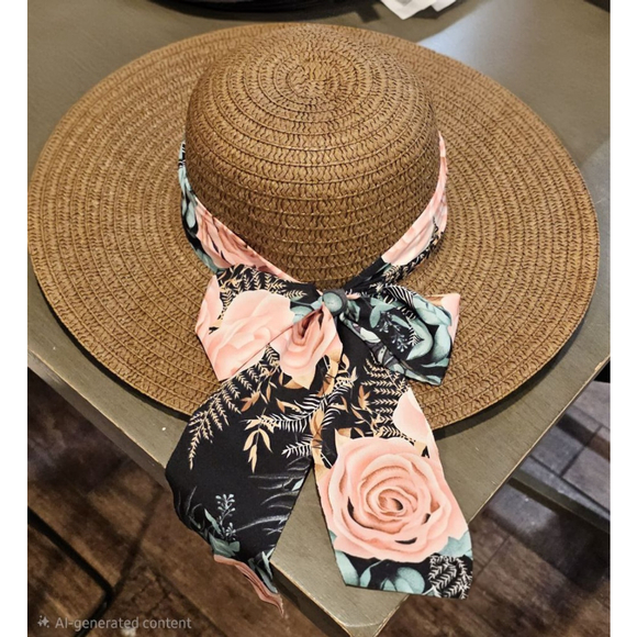 Straw Sun Hat One Brown Pink Floral Scarf - Picture 2 of 2